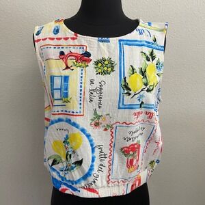 Haver + Blair Womens L White Italian Postcard Lemon Linen Blend Crop Top Exc